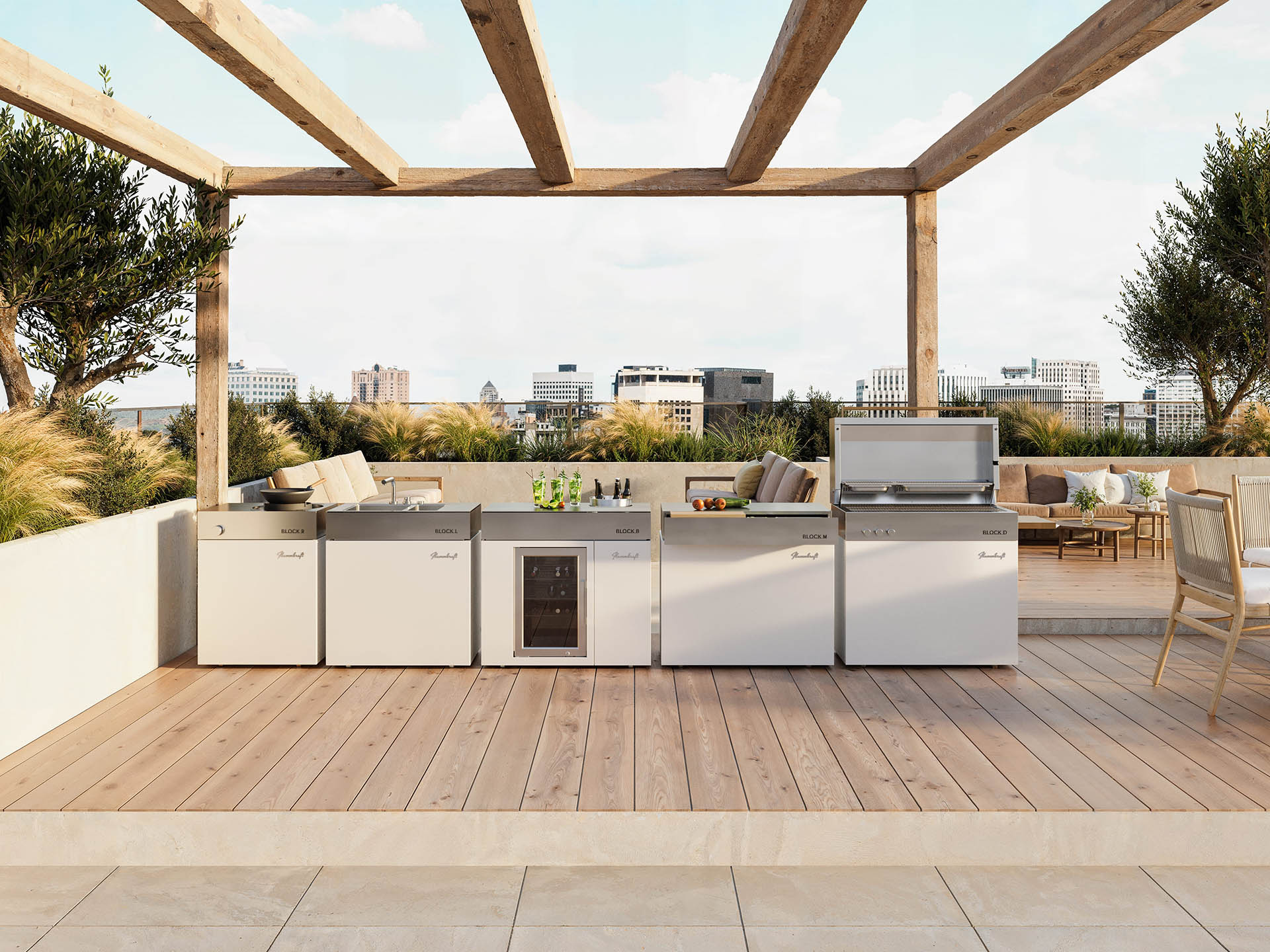 Weiße Flammkraft Outdoorküche in modernem Außenbereich