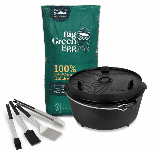Big Green Egg Kohle, Petromax Feuertopf und Grillbesteck-Set von Broil King